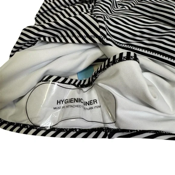 CUPSHE Ruffle Bandeau Bikini With High Waisted Bottom NWT SM Peach Black White - Picture 13 of 17